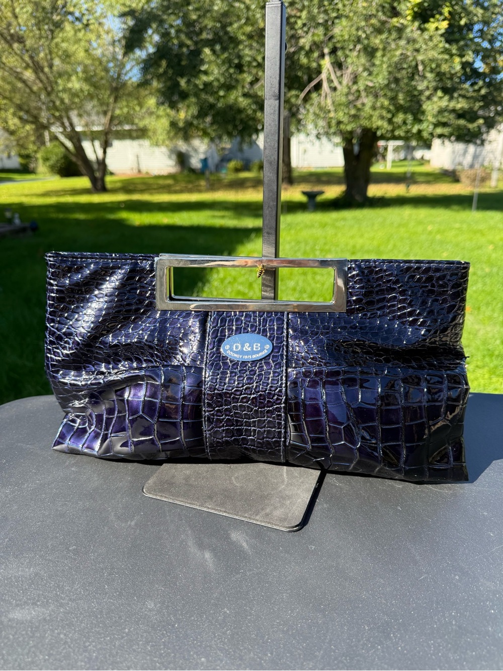 Patent Croc-Embossed Navy Clutch